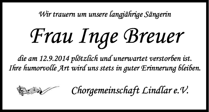  Traueranzeige für Inge Breuer vom 24.09.2014 aus Kölner Stadt-Anzeiger / Kölnische Rundschau / Express