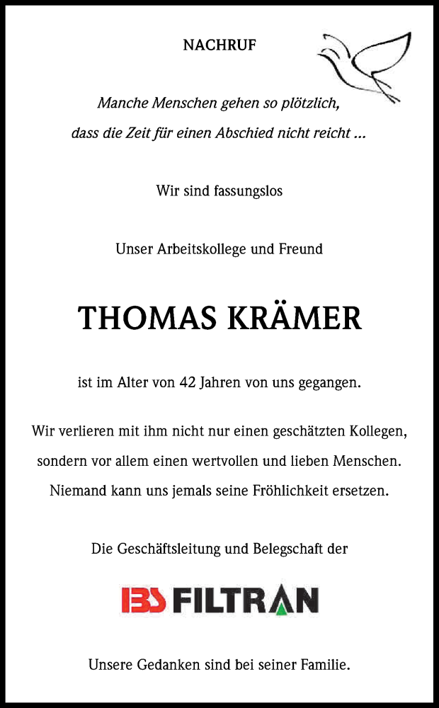  Traueranzeige für Thomas Krämer vom 24.09.2014 aus Kölner Stadt-Anzeiger / Kölnische Rundschau / Express
