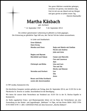 Anzeige von Martha Käsbach von Kölner Stadt-Anzeiger / Kölnische Rundschau / Express