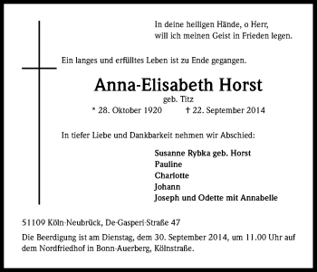 Anzeige von Anna-Elisabeth Horst von Kölner Stadt-Anzeiger / Kölnische Rundschau / Express