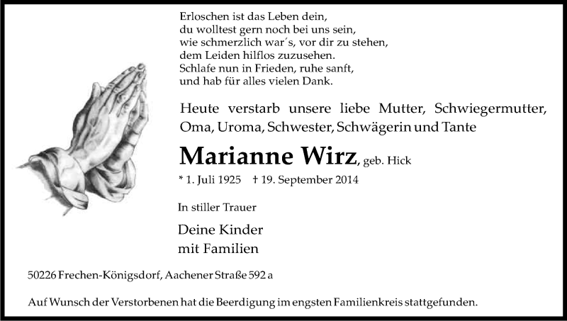  Traueranzeige für Marianne Wirz vom 27.09.2014 aus Kölner Stadt-Anzeiger / Kölnische Rundschau / Express