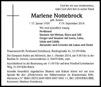 Anzeige von Marlene Nottebrock von Kölner Stadt-Anzeiger / Kölnische Rundschau / Express