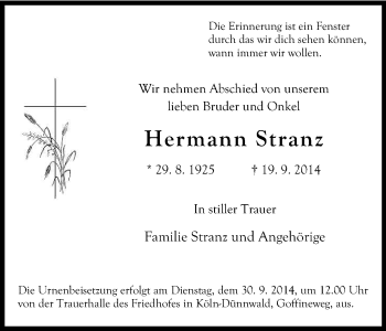 Anzeige von Hermann Stranz von Kölner Stadt-Anzeiger / Kölnische Rundschau / Express