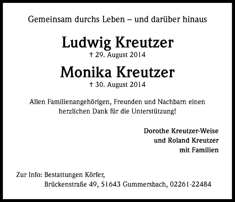  Traueranzeige für Ludwig und Monika Kreutzer vom 27.09.2014 aus Kölner Stadt-Anzeiger / Kölnische Rundschau / Express