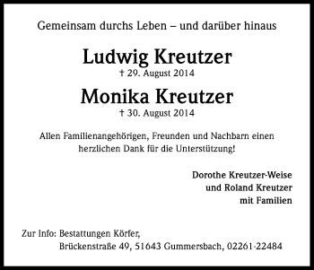 Anzeige von Ludwig und Monika Kreutzer von Kölner Stadt-Anzeiger / Kölnische Rundschau / Express