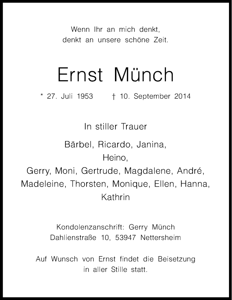  Traueranzeige für Ernst Münch vom 27.09.2014 aus Kölner Stadt-Anzeiger / Kölnische Rundschau / Express