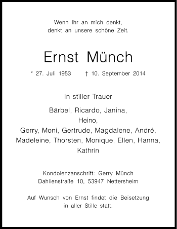 Anzeige von Ernst Münch von Kölner Stadt-Anzeiger / Kölnische Rundschau / Express