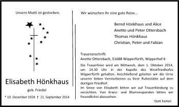 Anzeige von Elisabeth Hönkhaus von Kölner Stadt-Anzeiger / Kölnische Rundschau / Express