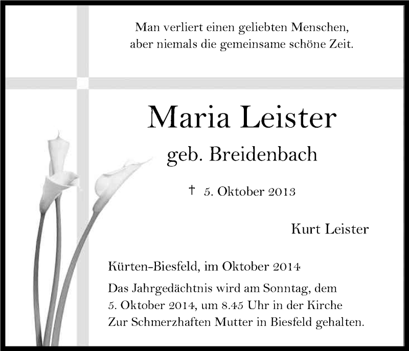  Traueranzeige für Maria Leister vom 27.09.2014 aus Kölner Stadt-Anzeiger / Kölnische Rundschau / Express