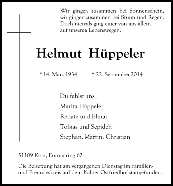 Anzeige von Helmut Hüppeler von Kölner Stadt-Anzeiger / Kölnische Rundschau / Express
