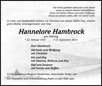 Anzeige von Hannelore Hambrock von Kölner Stadt-Anzeiger / Kölnische Rundschau / Express