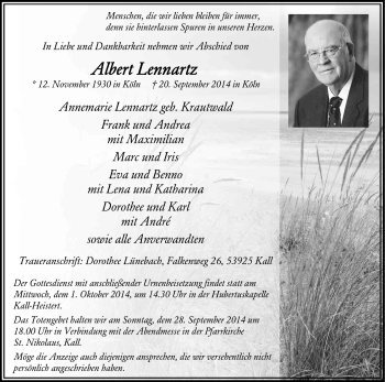 Anzeige von Albert Lennartz von Kölner Stadt-Anzeiger / Kölnische Rundschau / Express