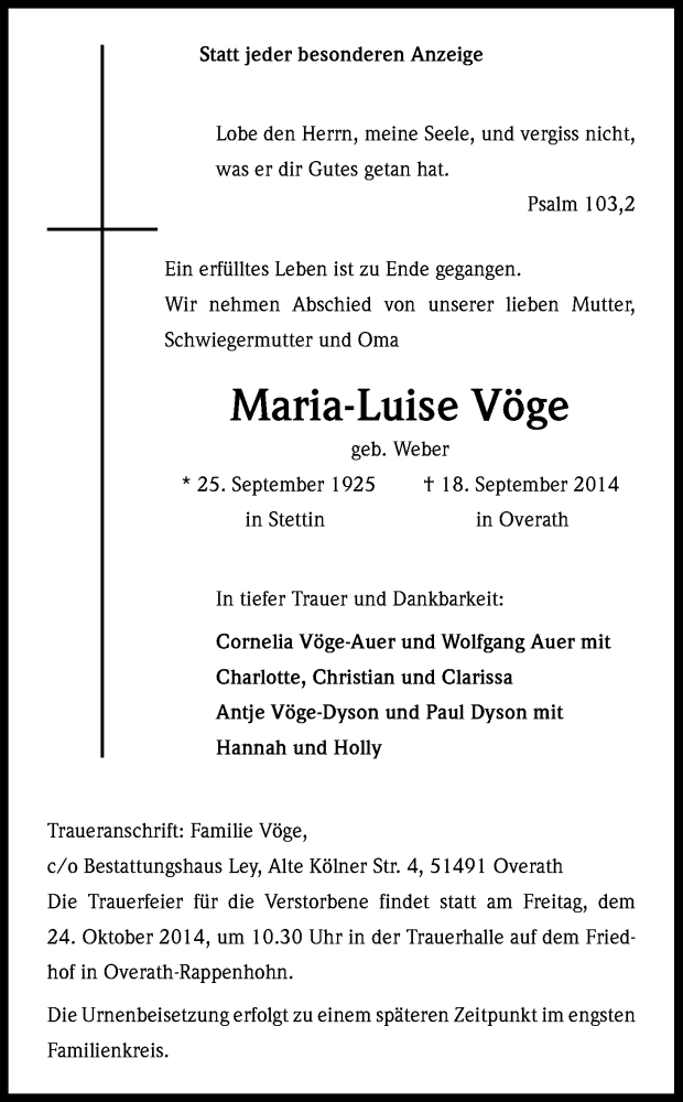  Traueranzeige für Maria-Luise Vöge vom 27.09.2014 aus Kölner Stadt-Anzeiger / Kölnische Rundschau / Express