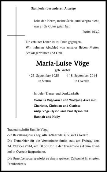 Anzeige von Maria-Luise Vöge von Kölner Stadt-Anzeiger / Kölnische Rundschau / Express