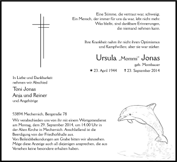 Anzeige von Ursula Jonas von Kölner Stadt-Anzeiger / Kölnische Rundschau / Express