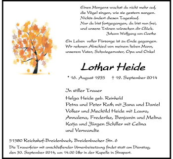 Anzeige von Lotha Heide von Kölner Stadt-Anzeiger / Kölnische Rundschau / Express