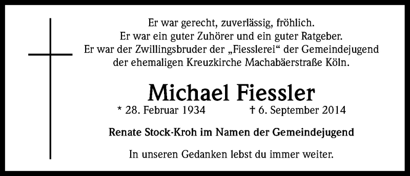  Traueranzeige für Michael Fiessler vom 27.09.2014 aus Kölner Stadt-Anzeiger / Kölnische Rundschau / Express