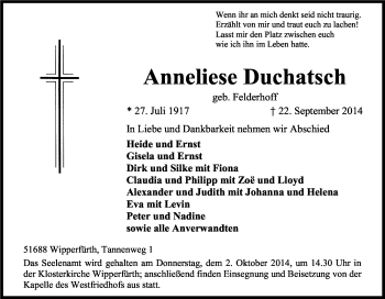 Anzeige von Anneliese Duchatsch von Kölner Stadt-Anzeiger / Kölnische Rundschau / Express