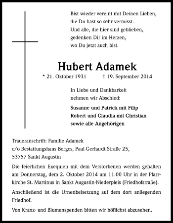 Anzeige von Hubert Adamek von Kölner Stadt-Anzeiger / Kölnische Rundschau / Express