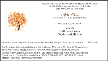 Anzeige von Peter Wahl von Kölner Stadt-Anzeiger / Kölnische Rundschau / Express