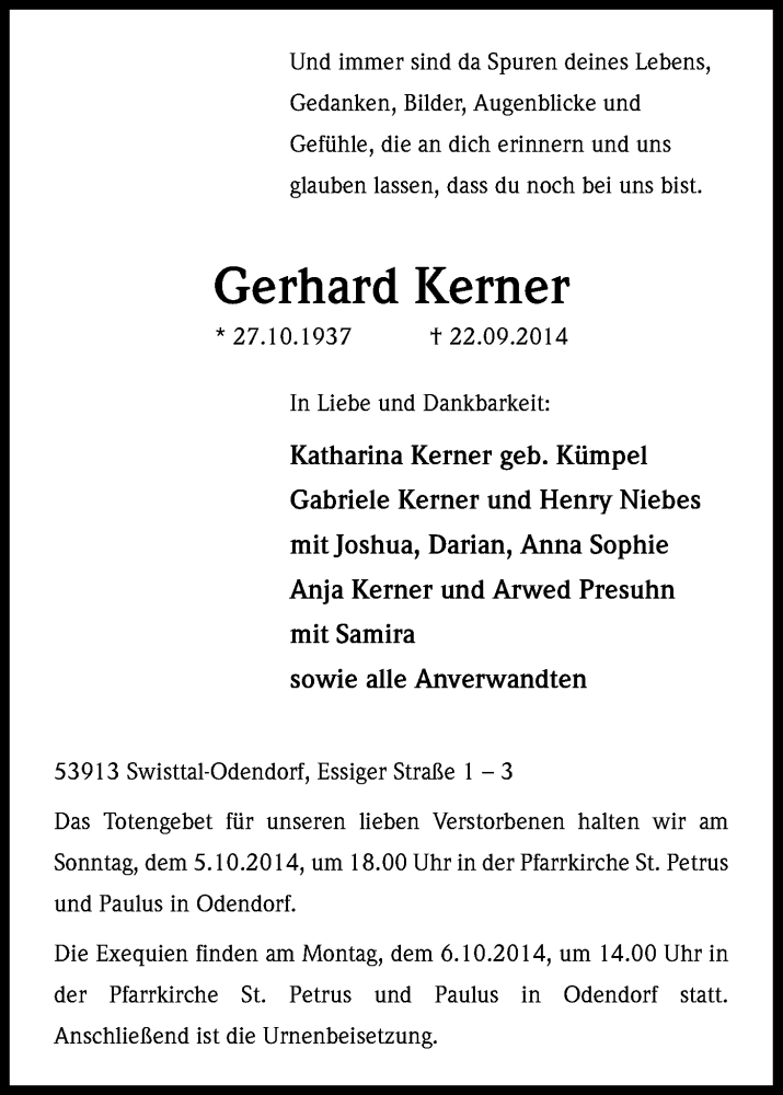  Traueranzeige für Gerhard Kerner vom 04.10.2014 aus Kölner Stadt-Anzeiger / Kölnische Rundschau / Express