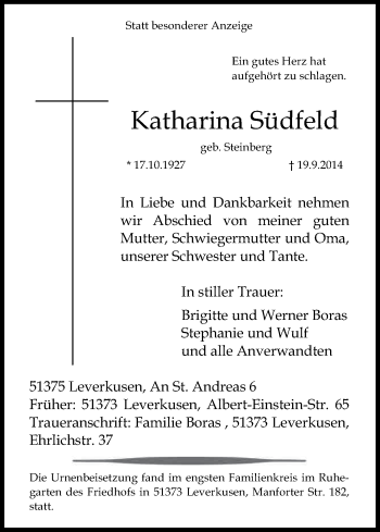 Anzeige von Katharina Südfeld von Kölner Stadt-Anzeiger / Kölnische Rundschau / Express