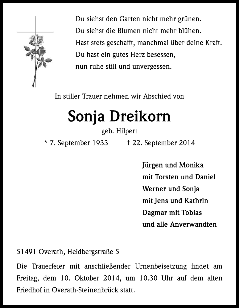  Traueranzeige für Sonja Dreikorn vom 27.09.2014 aus Kölner Stadt-Anzeiger / Kölnische Rundschau / Express