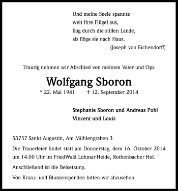 Anzeige von Wolfgang Sboron von Kölner Stadt-Anzeiger / Kölnische Rundschau / Express