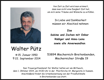 Anzeige von Walter Pütz von Kölner Stadt-Anzeiger / Kölnische Rundschau / Express