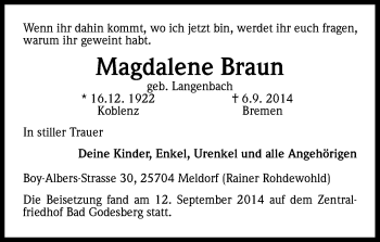 Anzeige von Magdalene Braun von Kölner Stadt-Anzeiger / Kölnische Rundschau / Express