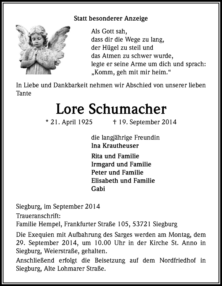  Traueranzeige für Lore Schumacher vom 25.09.2014 aus Kölner Stadt-Anzeiger / Kölnische Rundschau / Express