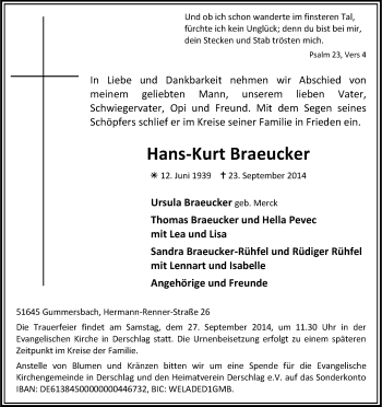 Anzeige von Hans-Kurt Braeucker von Kölner Stadt-Anzeiger / Kölnische Rundschau / Express