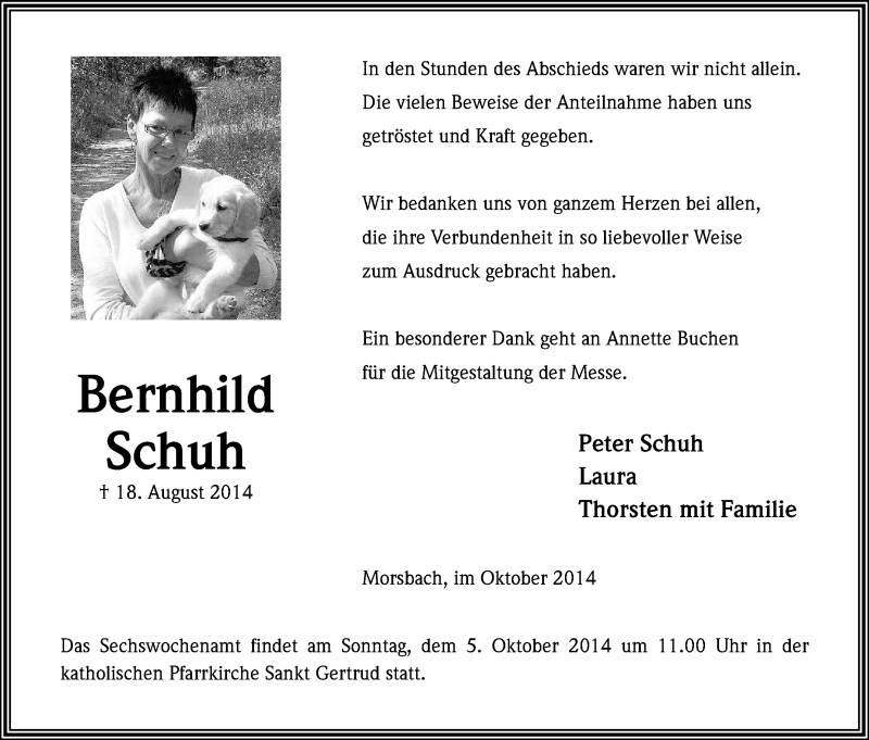  Traueranzeige für Bernhild Schuh vom 27.09.2014 aus Kölner Stadt-Anzeiger / Kölnische Rundschau / Express