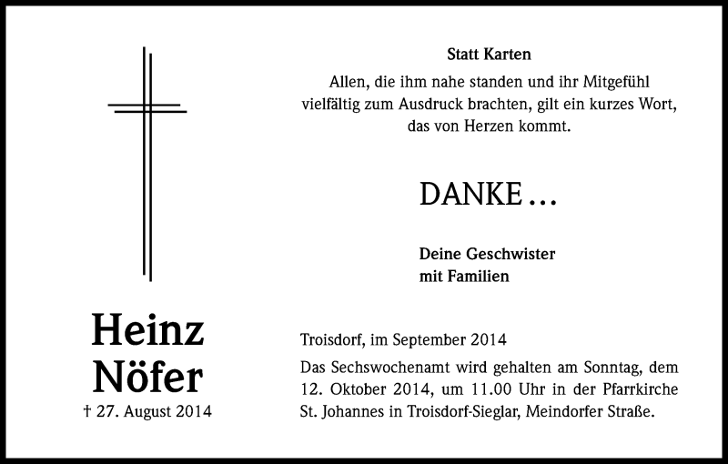 Traueranzeige für Heinz Nöfer vom 27.09.2014 aus Kölner Stadt-Anzeiger / Kölnische Rundschau / Express