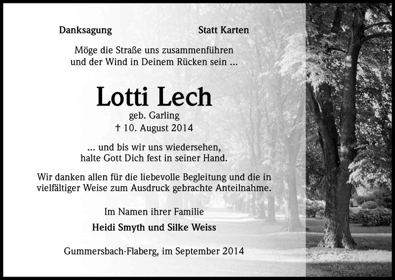  Traueranzeige für Lotti Lech vom 27.09.2014 aus Kölner Stadt-Anzeiger / Kölnische Rundschau / Express