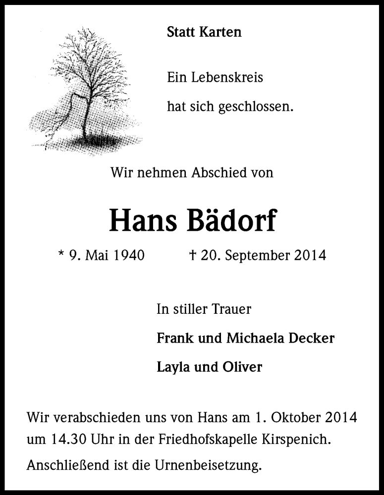  Traueranzeige für Hans Bädorf vom 27.09.2014 aus Kölner Stadt-Anzeiger / Kölnische Rundschau / Express