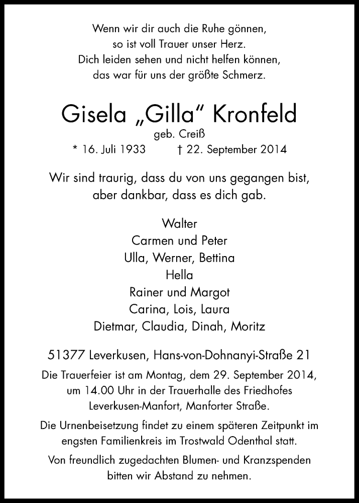 Traueranzeige für Gisela Kronfeld vom 27.09.2014 aus Kölner Stadt-Anzeiger / Kölnische Rundschau / Express