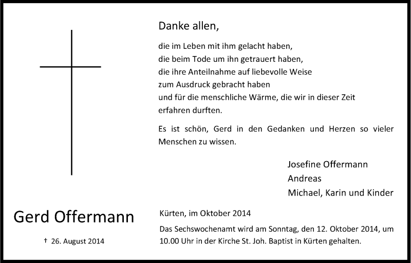  Traueranzeige für Gerd Offermann vom 04.10.2014 aus Kölner Stadt-Anzeiger / Kölnische Rundschau / Express