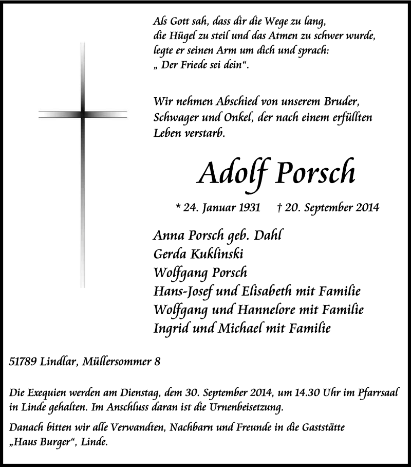  Traueranzeige für Adolf Porsch vom 27.09.2014 aus Kölner Stadt-Anzeiger / Kölnische Rundschau / Express