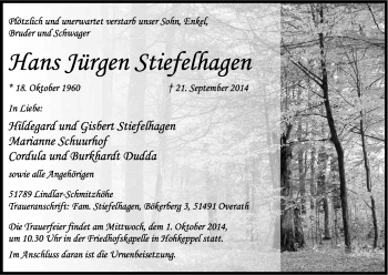 Anzeige von Hans Jürgen Stiefelhagen von Kölner Stadt-Anzeiger / Kölnische Rundschau / Express