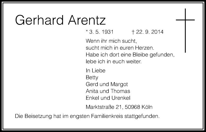  Traueranzeige für Gerhard Arentz vom 11.10.2014 aus Kölner Stadt-Anzeiger / Kölnische Rundschau / Express