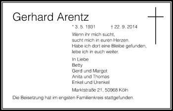 Anzeige von Gerhard Arentz von Kölner Stadt-Anzeiger / Kölnische Rundschau / Express