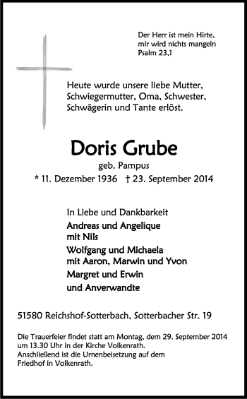 Anzeige von Doris Grube von Kölner Stadt-Anzeiger / Kölnische Rundschau / Express