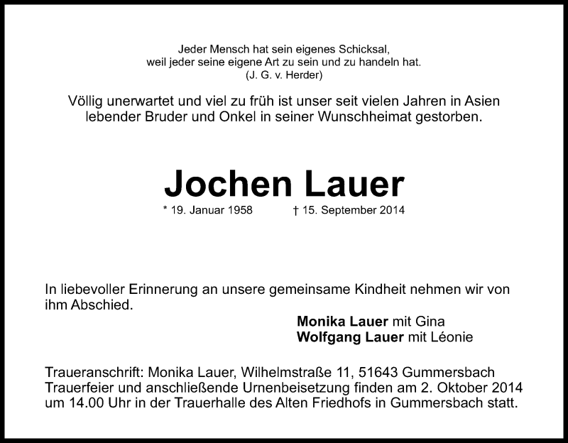  Traueranzeige für Jochen Lauer vom 27.09.2014 aus Kölner Stadt-Anzeiger / Kölnische Rundschau / Express