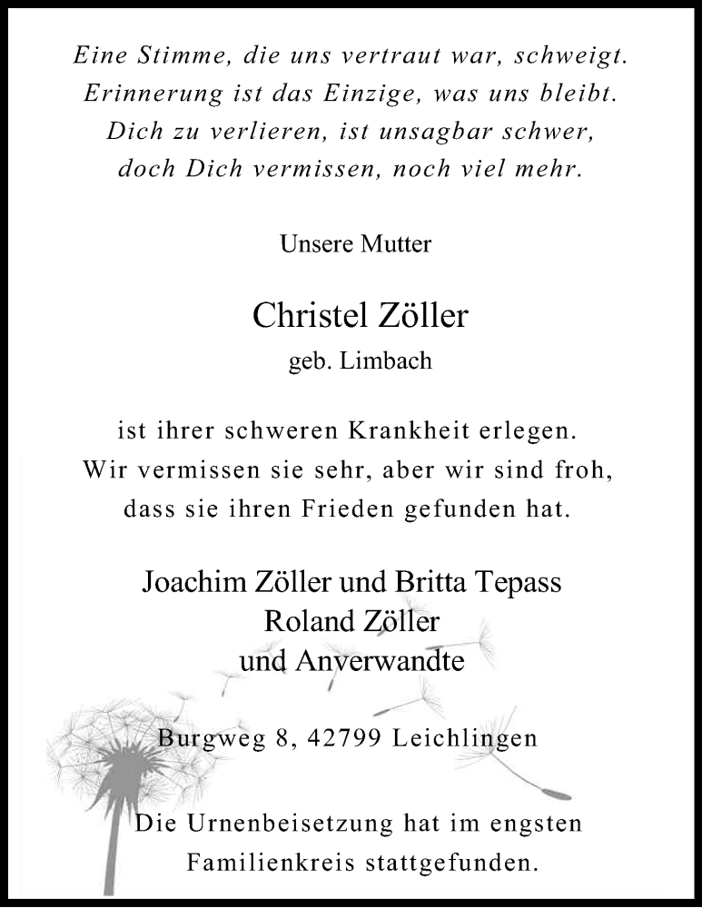  Traueranzeige für Christel Zöller vom 08.10.2014 aus Kölner Stadt-Anzeiger / Kölnische Rundschau / Express