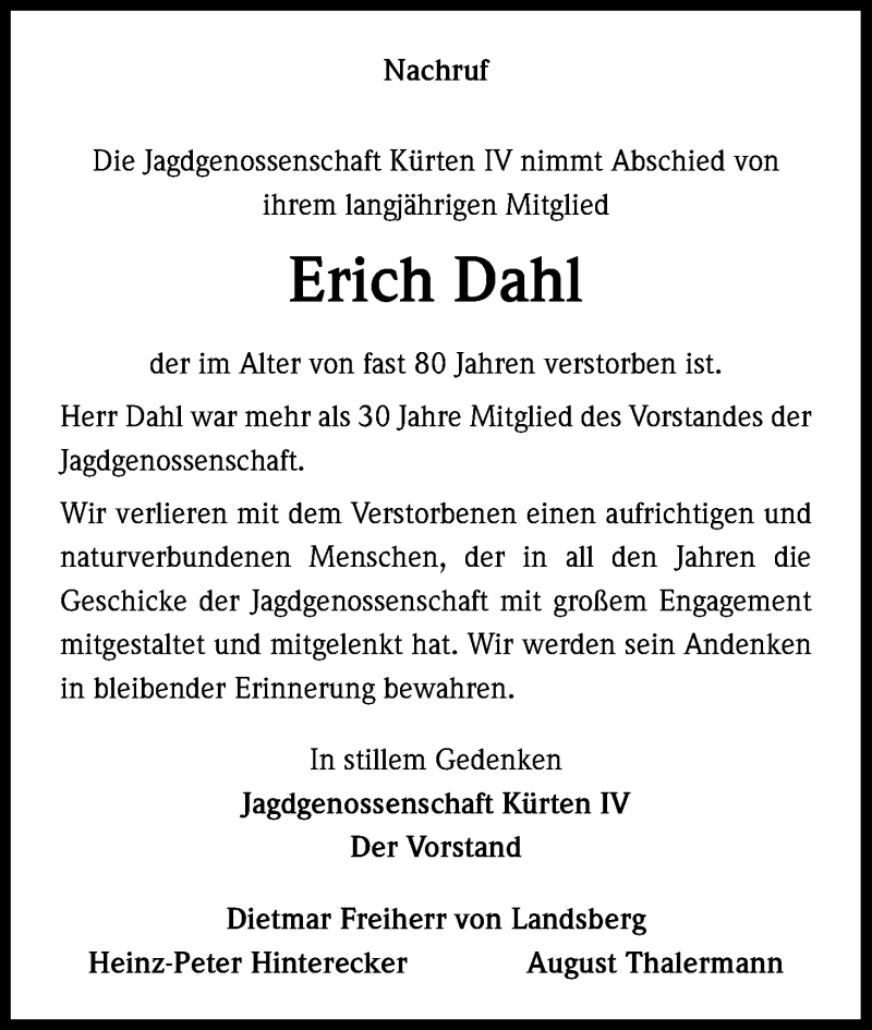  Traueranzeige für Erich Dahl vom 27.09.2014 aus Kölner Stadt-Anzeiger / Kölnische Rundschau / Express