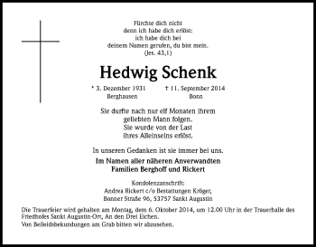 Anzeige von Hedwig Schenk von Kölner Stadt-Anzeiger / Kölnische Rundschau / Express