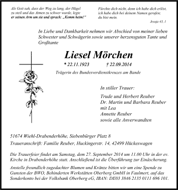 Anzeige von Liesel Mörchen von Kölner Stadt-Anzeiger / Kölnische Rundschau / Express