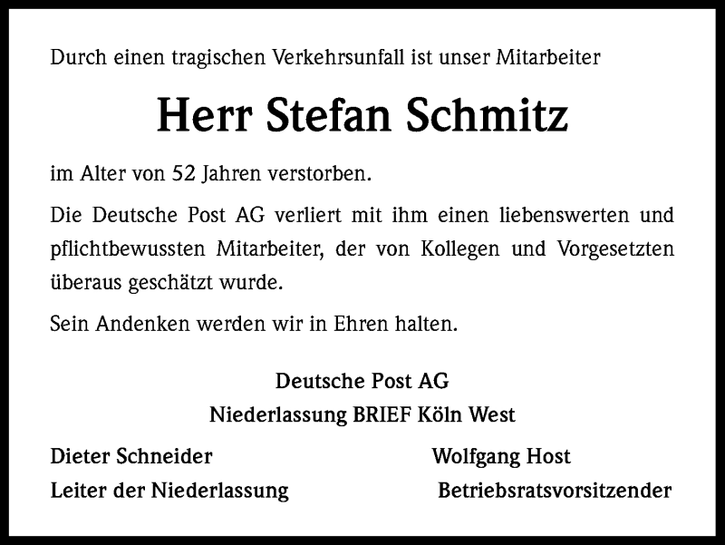  Traueranzeige für Stefan Schmitz vom 26.09.2014 aus Kölner Stadt-Anzeiger / Kölnische Rundschau / Express