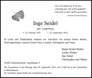 Anzeige von Inge Seidel von Kölner Stadt-Anzeiger / Kölnische Rundschau / Express